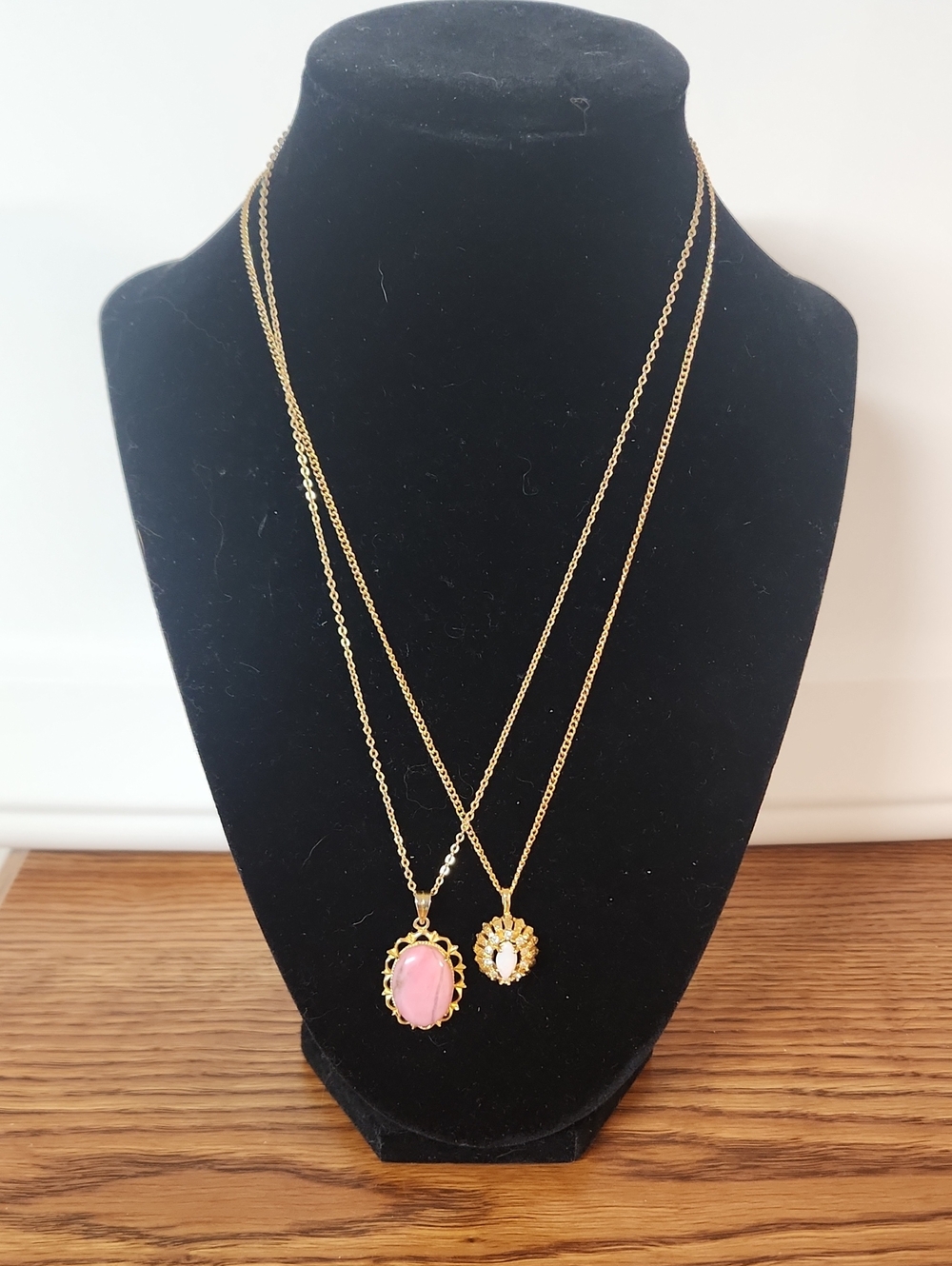 Gold Tone Rhodochrosite And Faux Opal Necklaces